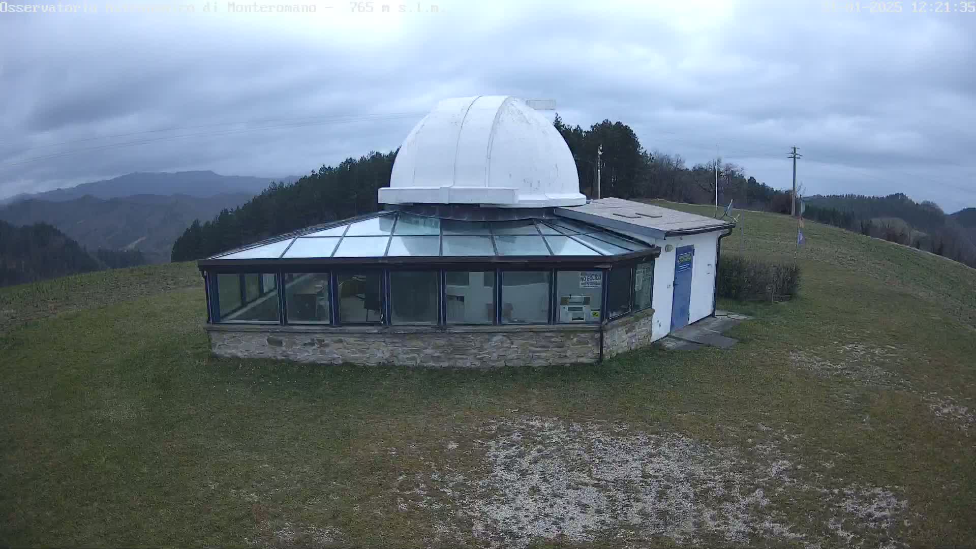 A white dome observatory sits atop a grassy hill overlooking a mountainous landscape under a cloudy sky.