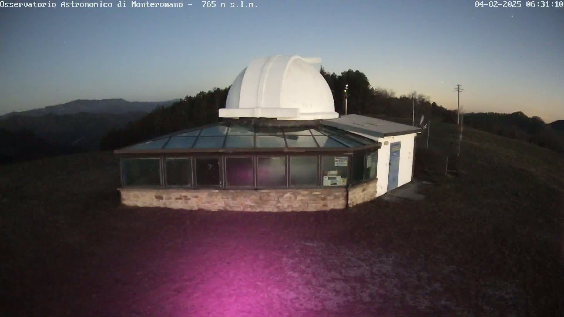 A white dome observatory sits atop a stone building with a glass-roofed addition, overlooking a dark landscape under a twilight sky.