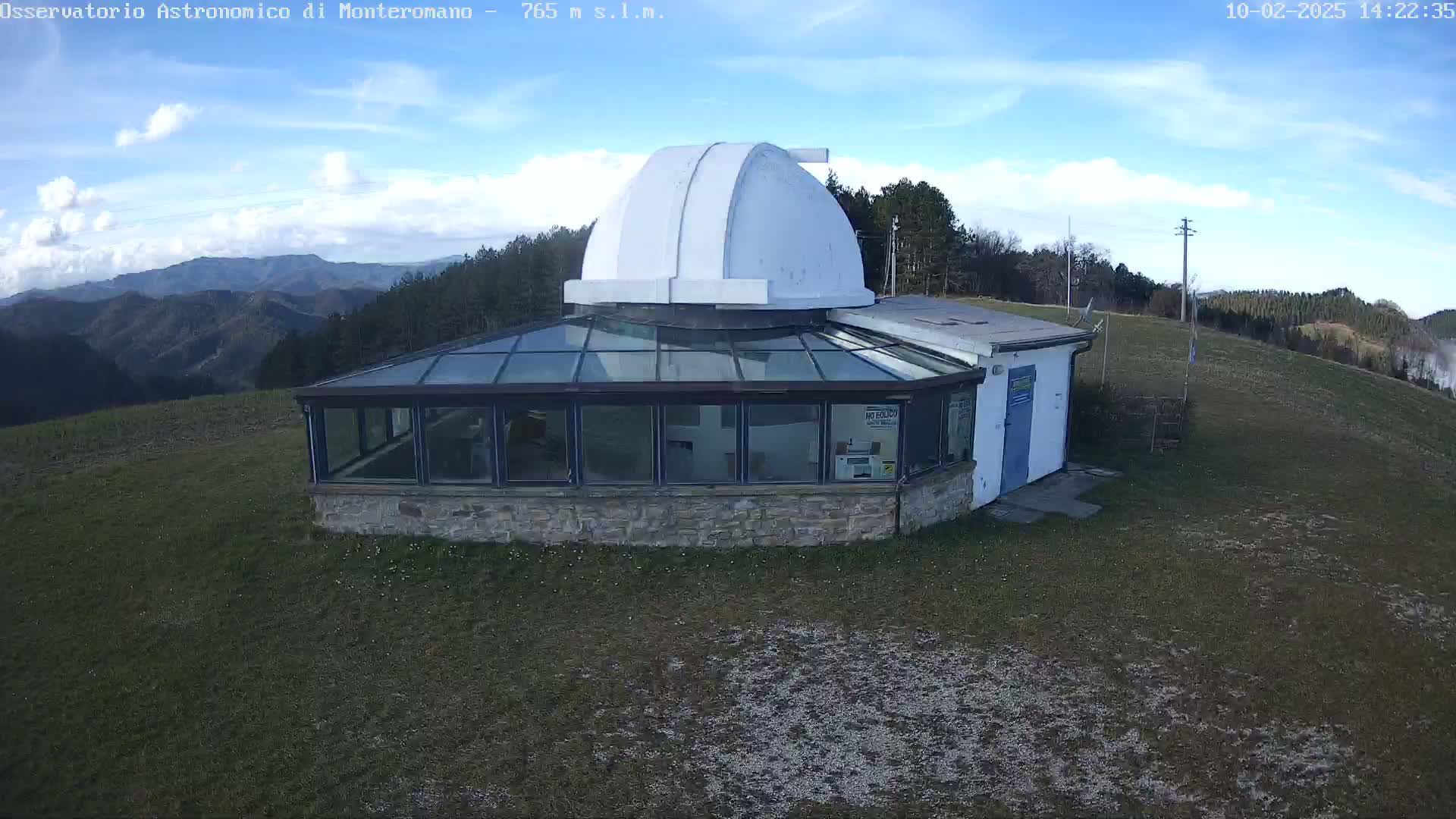 An observatory with a white dome and glass-walled addition sits atop a grassy hill under a mostly sunny sky with a few clouds.