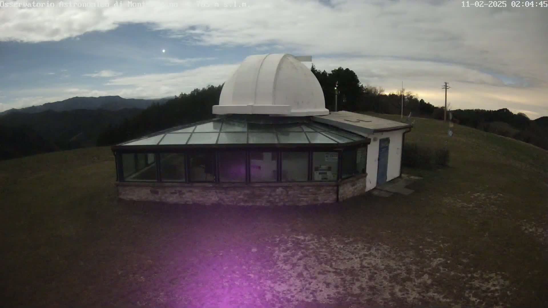 A white-domed observatory building with a glass-roofed addition sits on a hilltop under a partly cloudy night sky.