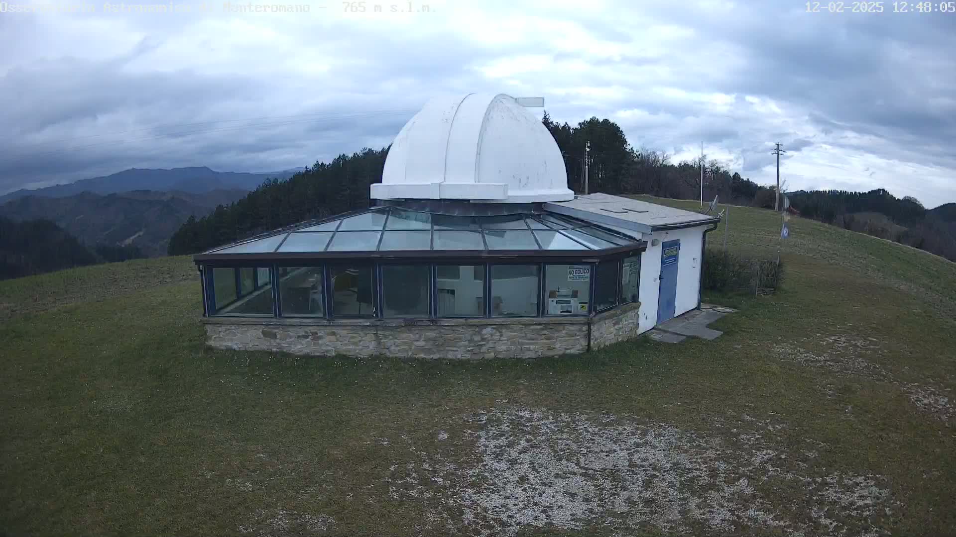 A white domed observatory building with a glass enclosure sits on a grassy hill overlooking a mountain range under a cloudy sky.