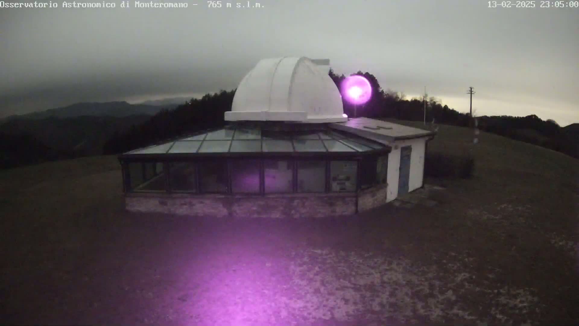 A white observatory dome sits atop a building with a glass-roofed addition, all situated on a hilltop under an overcast sky.