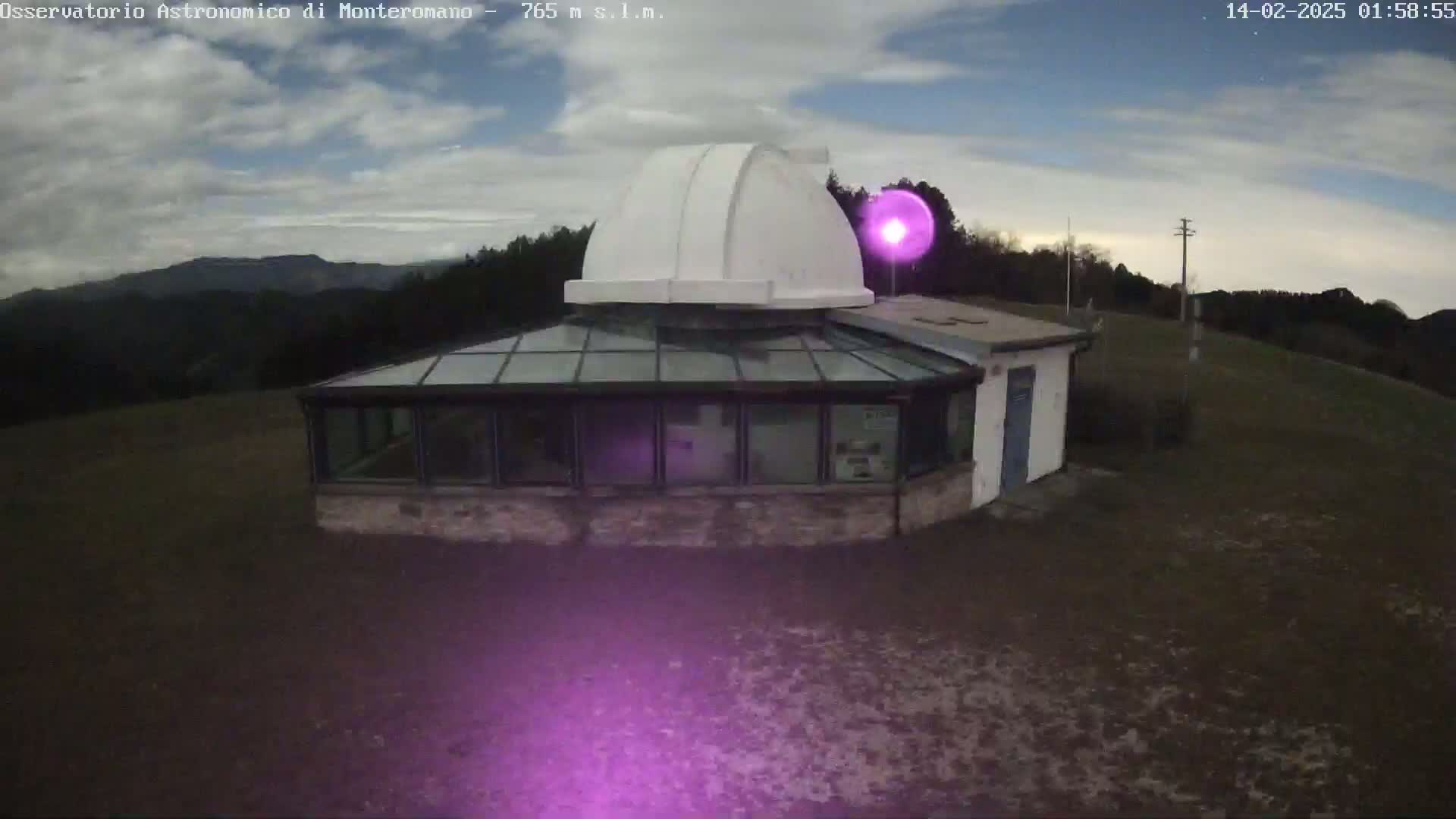 An observatory with a white dome sits atop a hill under a partly cloudy twilight sky.