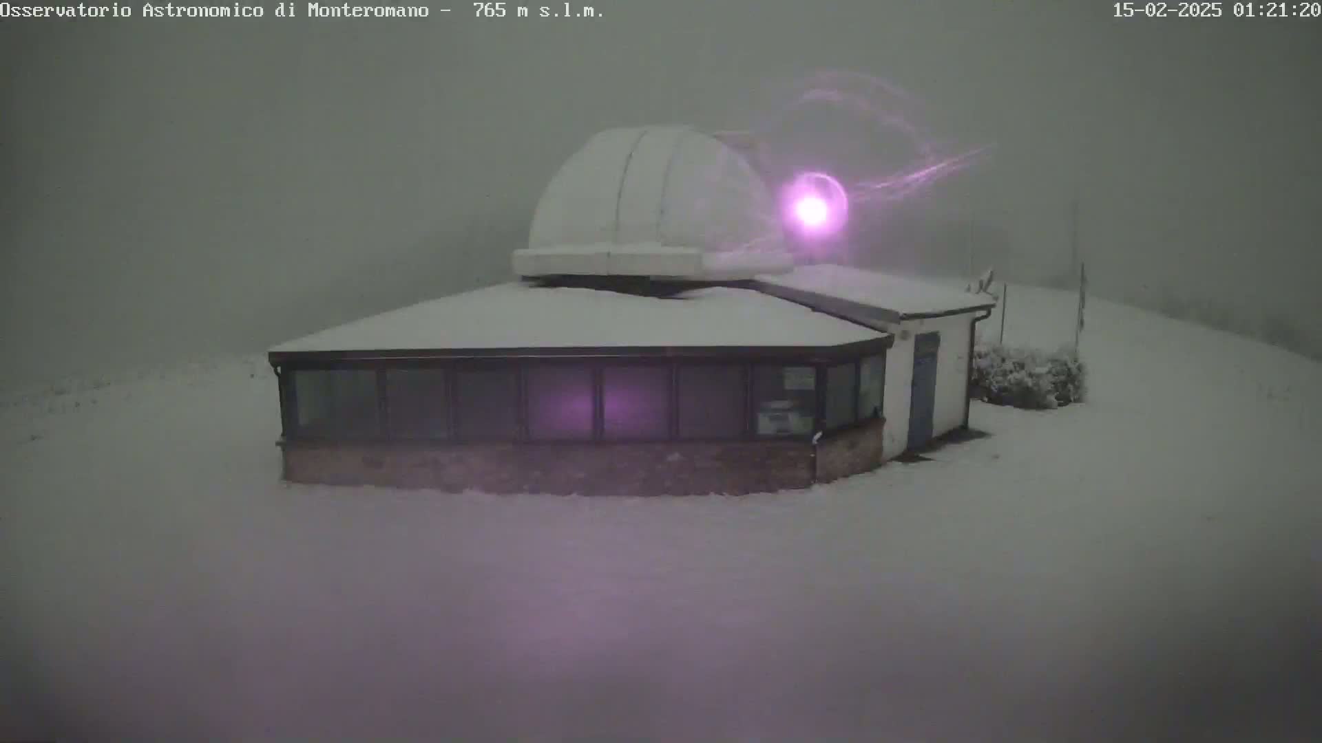 A snow-covered building with a dome on top sits in a snowy landscape under a hazy, nighttime sky.