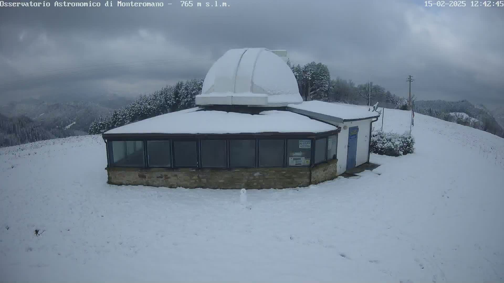 A snow-covered observatory building with a dome sits on a snowy hillside under an overcast sky.