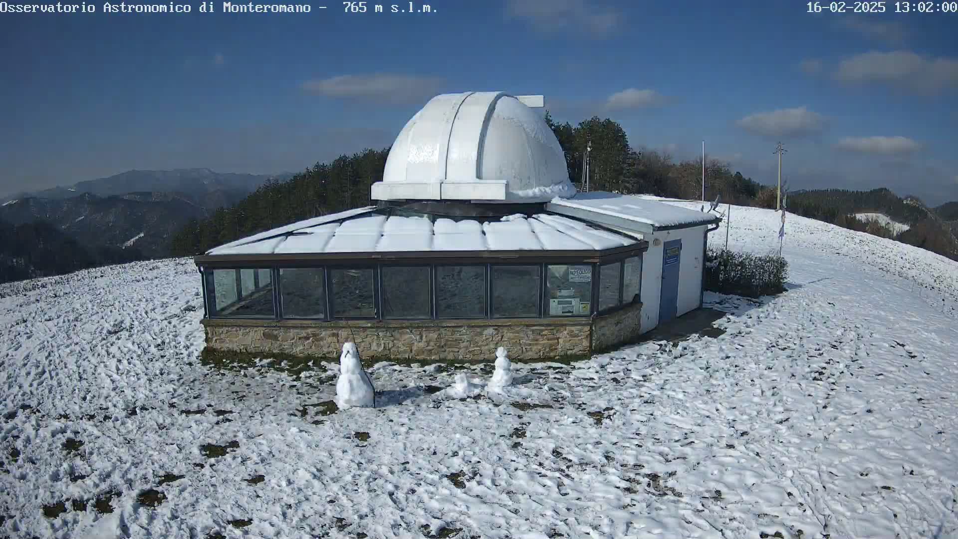 A snow-covered observatory building with a dome sits on a hilltop under a partly cloudy, sunny sky.