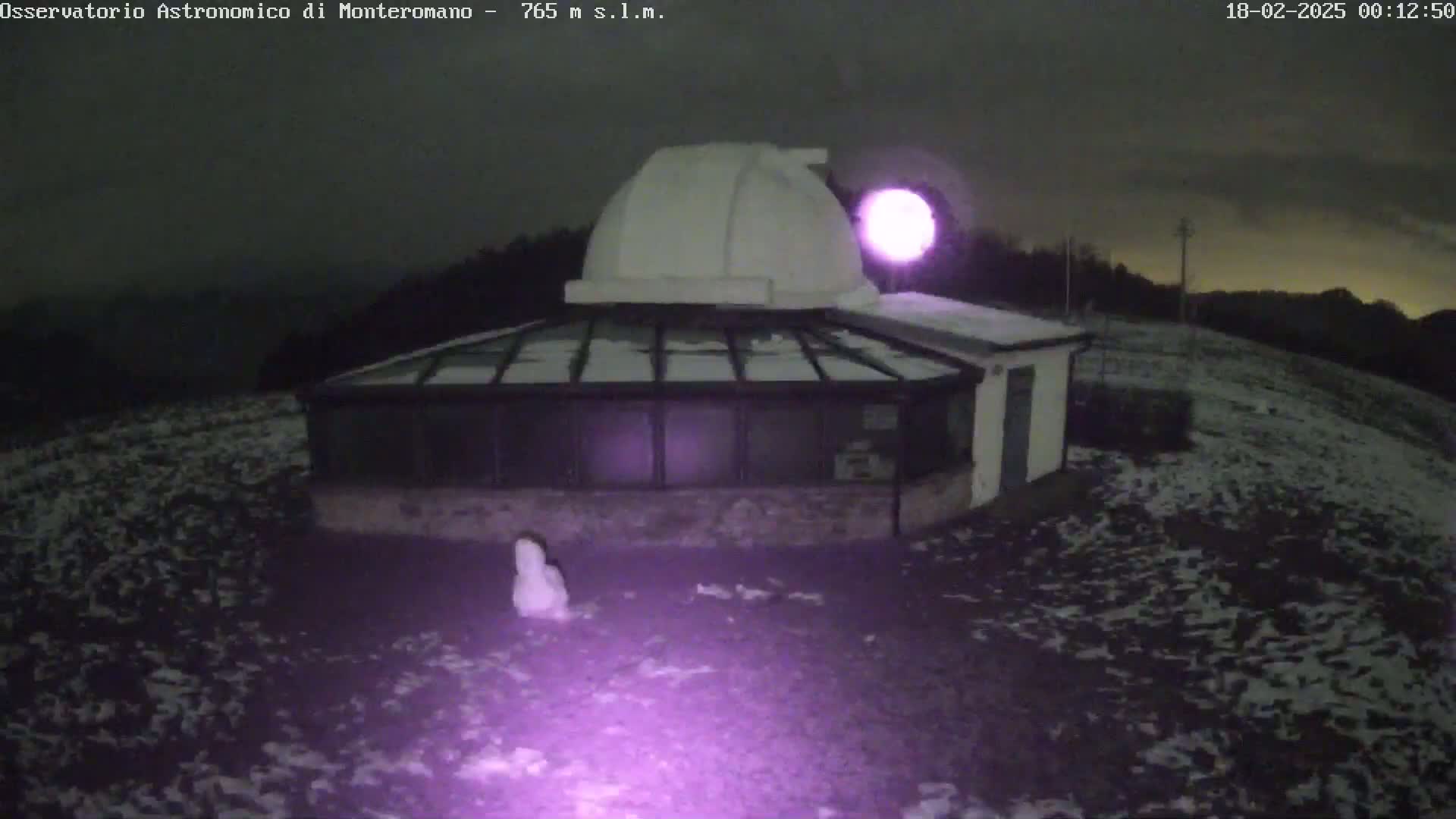 A snow-covered observatory building with a dome sits under a dark, cloudy night sky.