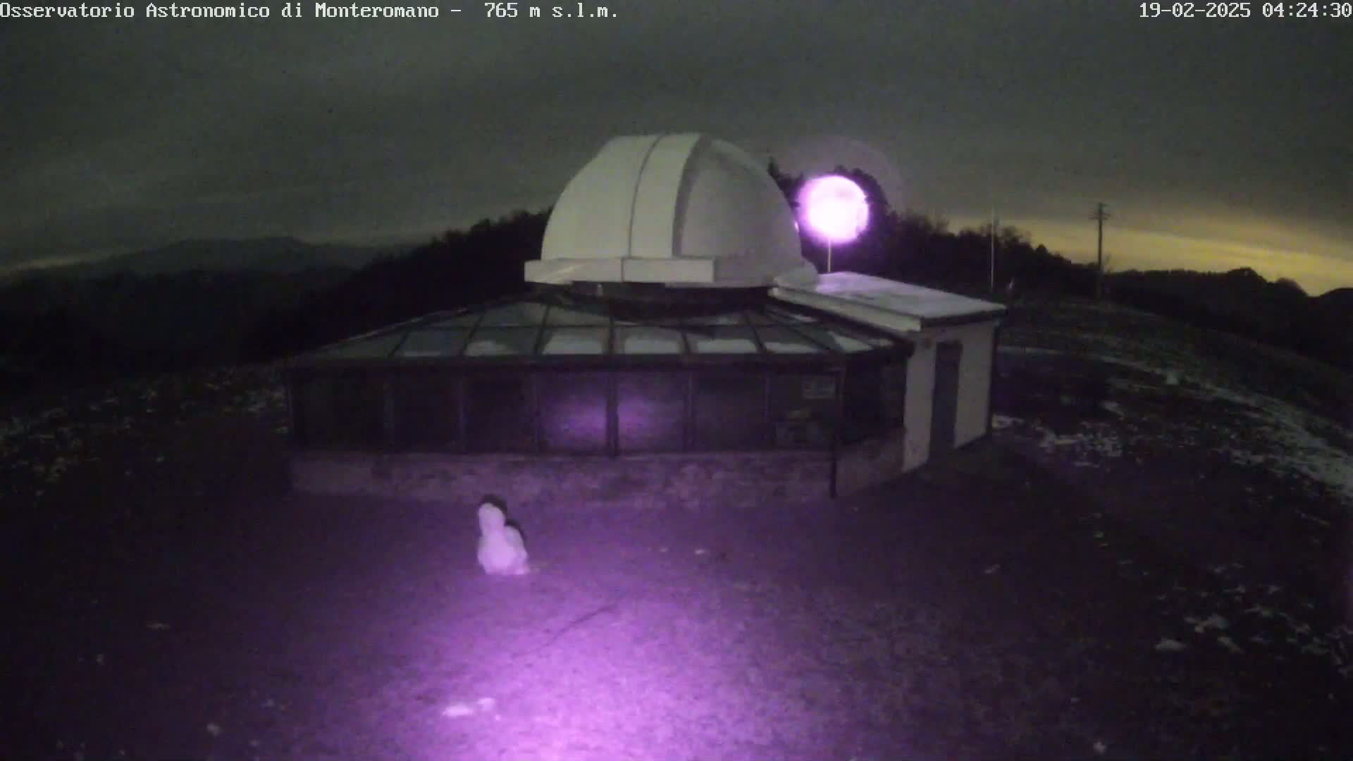 An observatory with a dome and attached glass building sits on a snow-covered ground under a dark, mostly cloudy night sky.