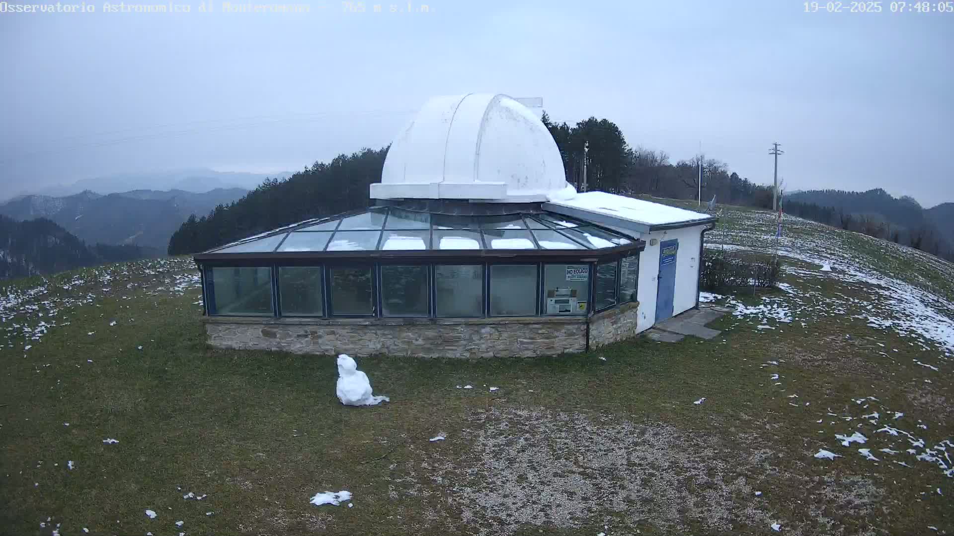 A white-domed observatory building with a glass sunroom sits on a grassy hilltop with patchy snow, overlooking a mountainous landscape under an overcast sky.