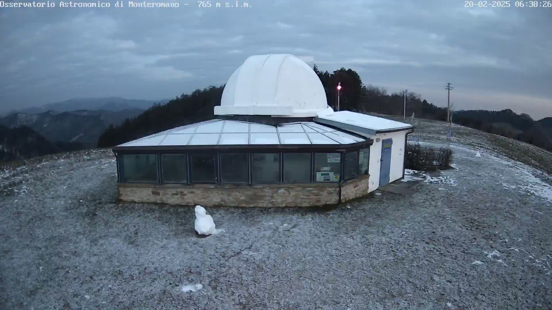 A snow-covered observatory building with a dome sits atop a hill on a cloudy day, with a small snowman in the foreground.