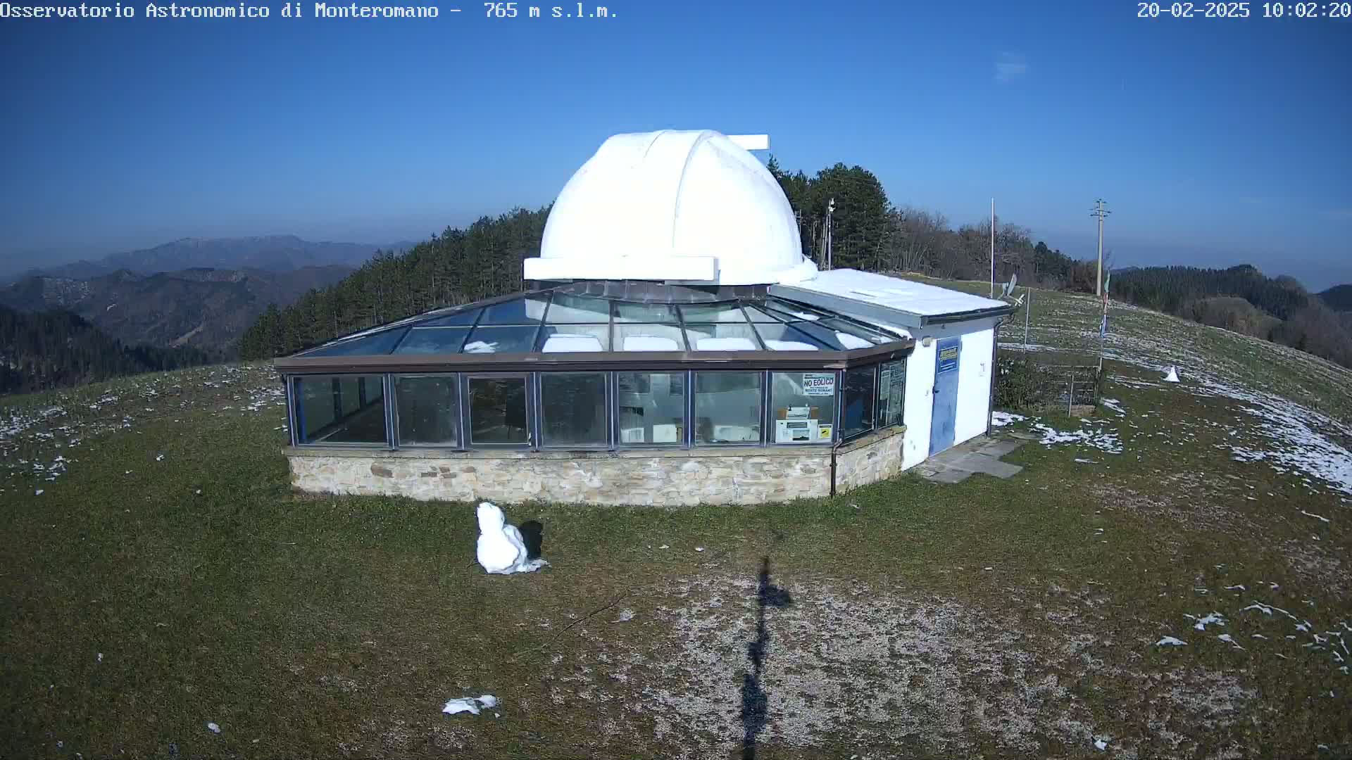A white-domed observatory building with a glass sunroom sits on a grassy hill with patches of snow under a clear blue sky.