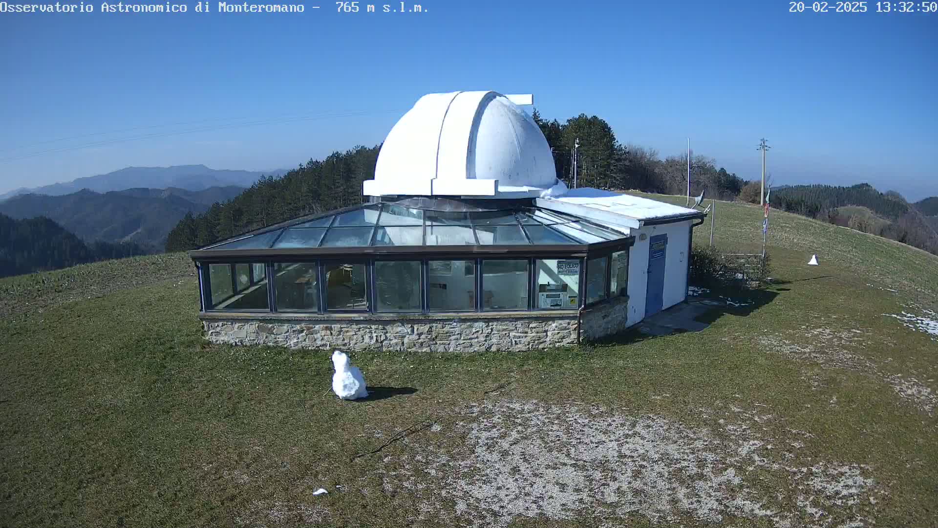 A white-domed observatory building with a glass sunroom sits on a grassy hilltop on a clear, sunny day, with mountains in the background and patches of snow on the ground.