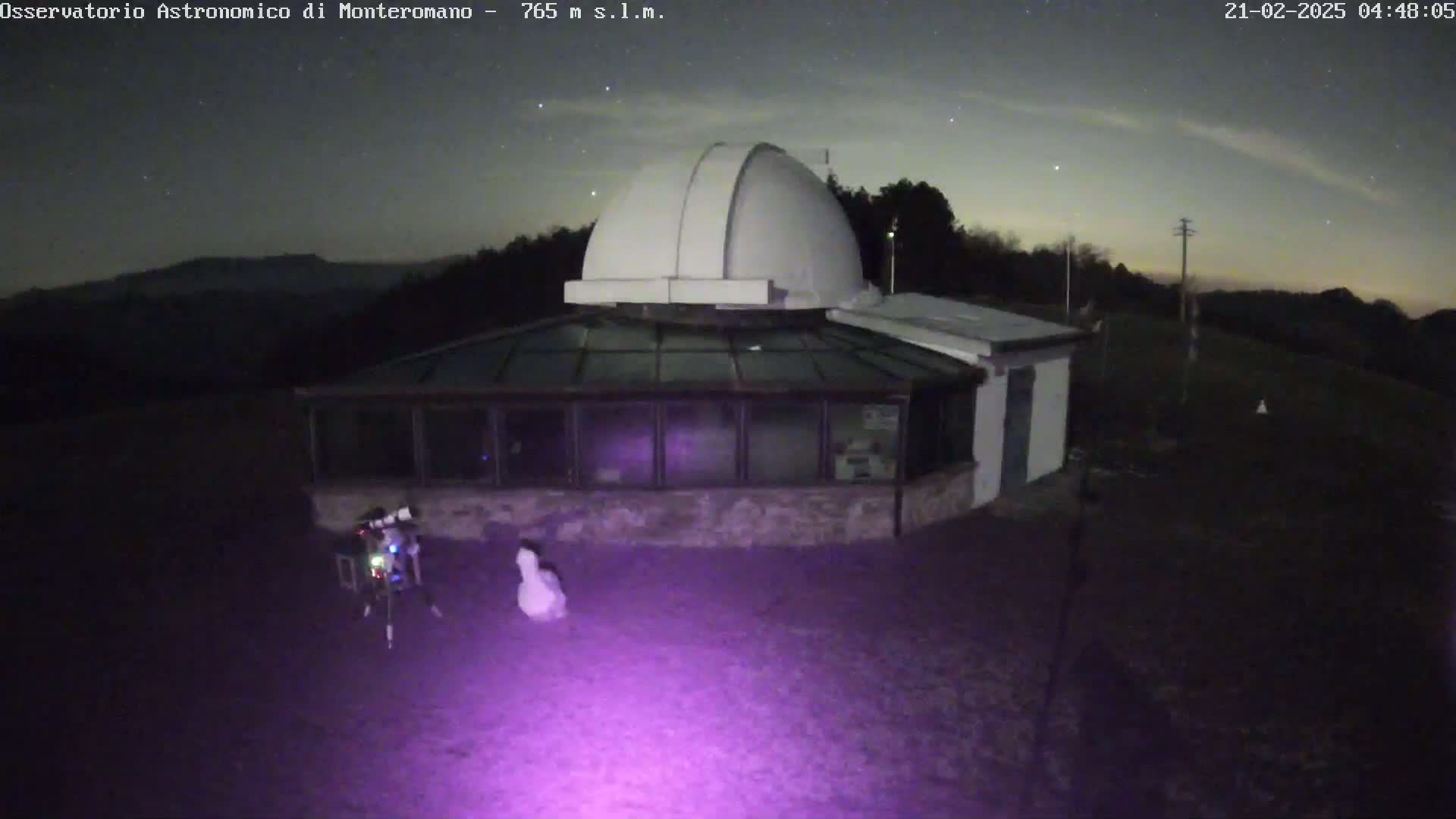 At night under a starry sky with a faint atmospheric glow, an observatory building with a dome sits on a dark hillside, and several people are visible near the building.