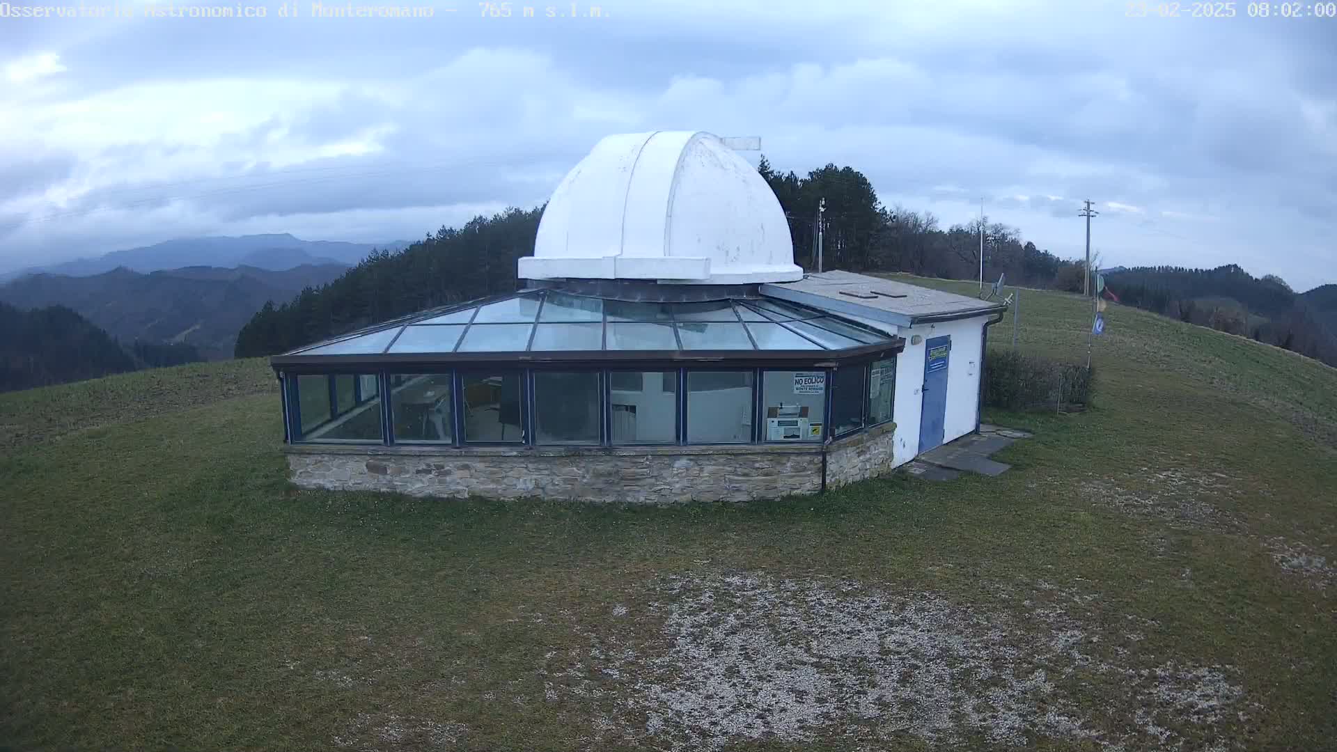 A white-domed observatory building with a glass sunroom sits on a grassy hill overlooking a mountain range under a mostly cloudy sky.