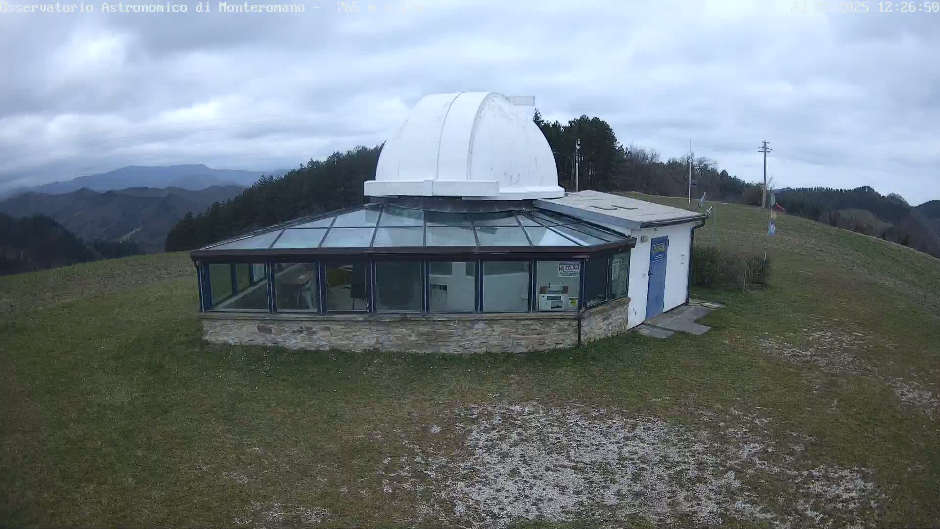 A stone building with a glass enclosure and a white dome sits atop a grassy hill overlooking a mountain range under a cloudy sky.