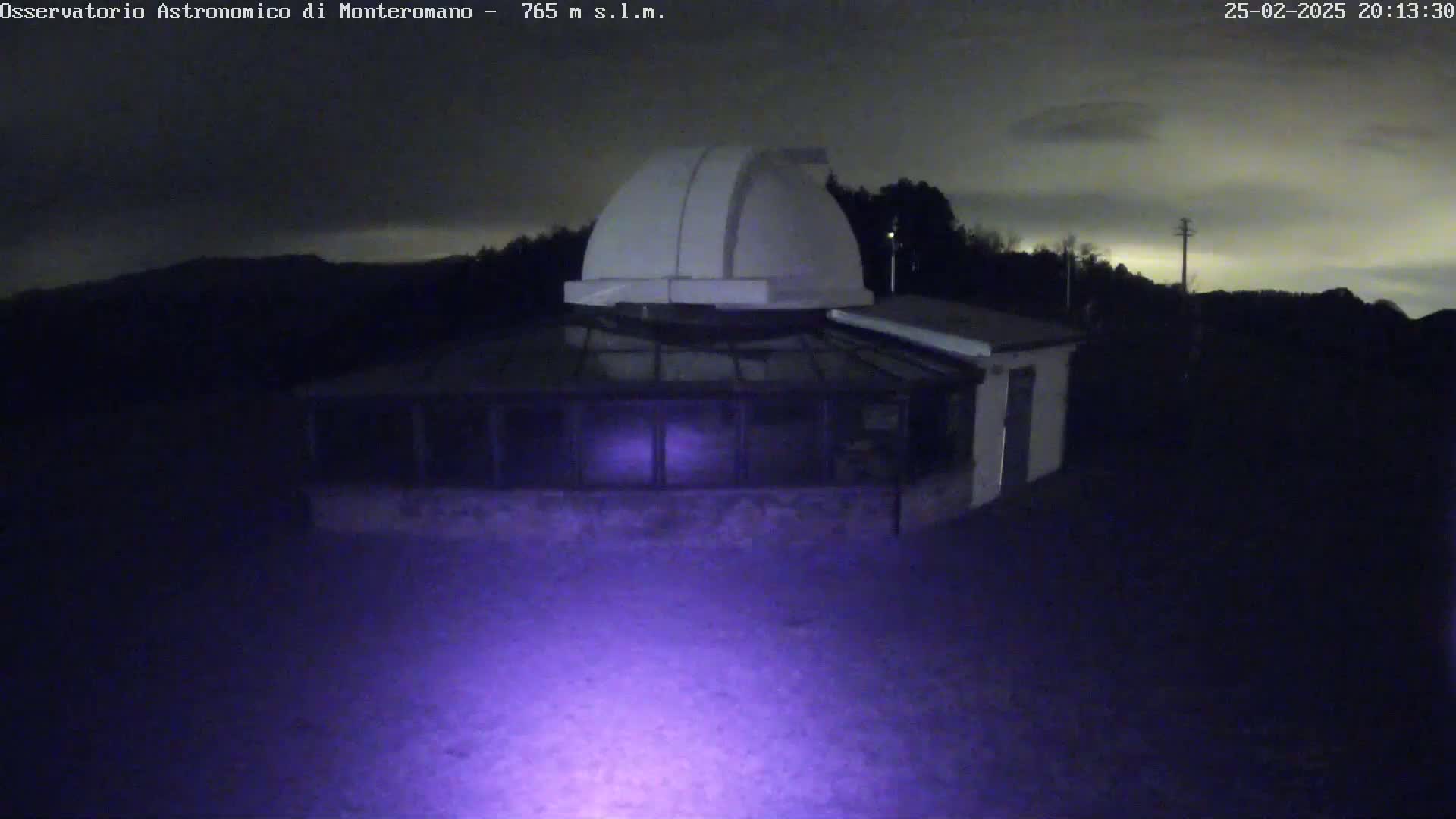 Under a dark, cloudy night sky, a white observatory dome sits atop a low building with a glass-roofed addition.