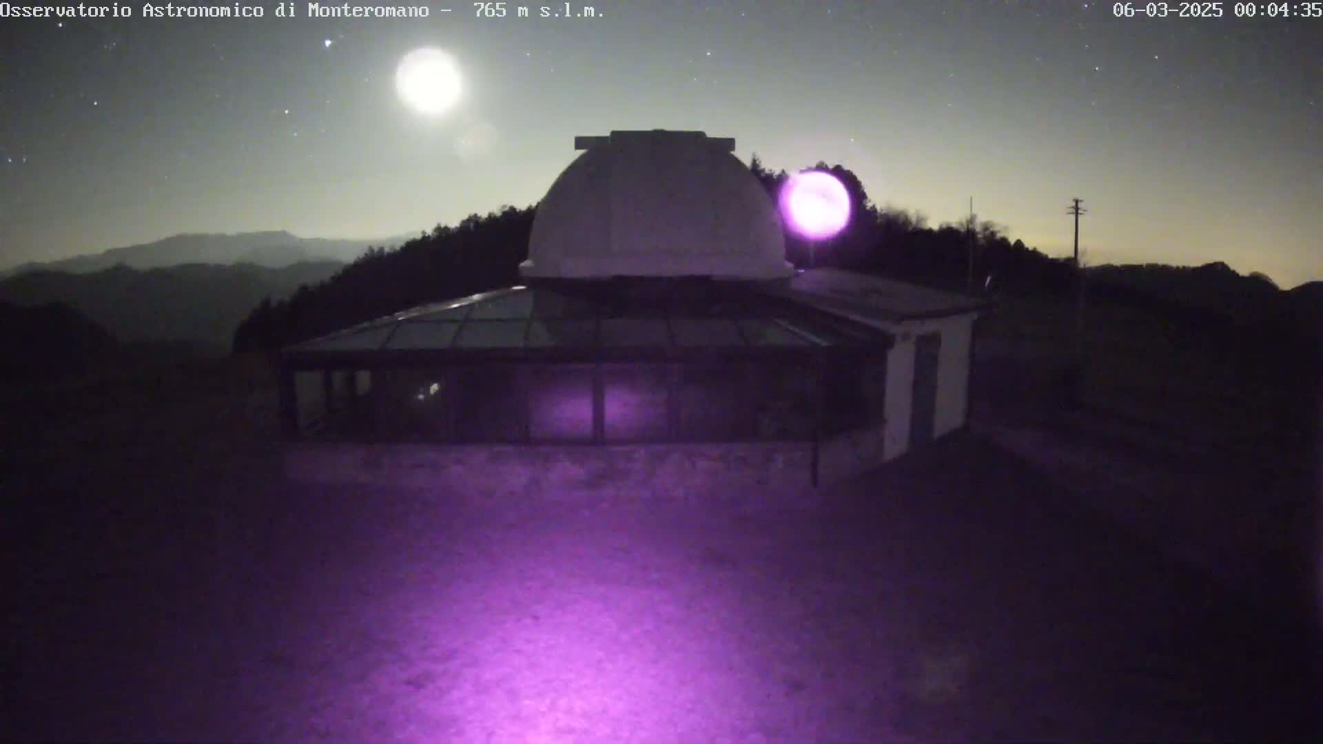 A white observatory dome with an attached glass-roofed building sits on a hilltop at night under a bright moon and starry sky.