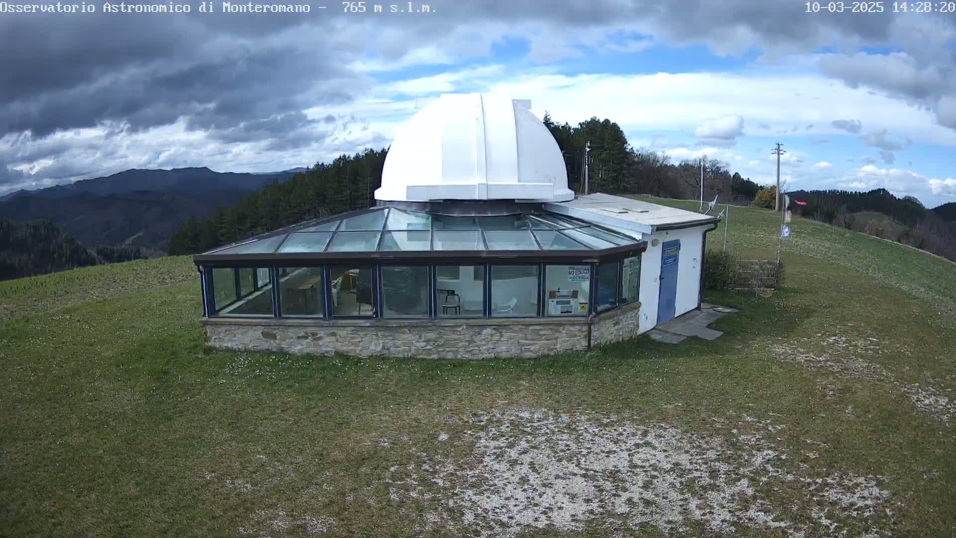 An observatory with a glass-roofed addition sits on a grassy hilltop under a partly cloudy sky.
