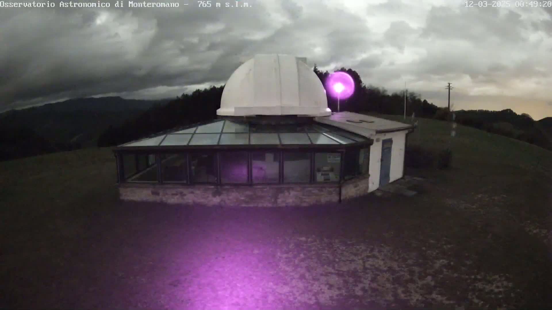 An observatory with a dome and glass-roofed addition sits on a hill under an overcast sky.