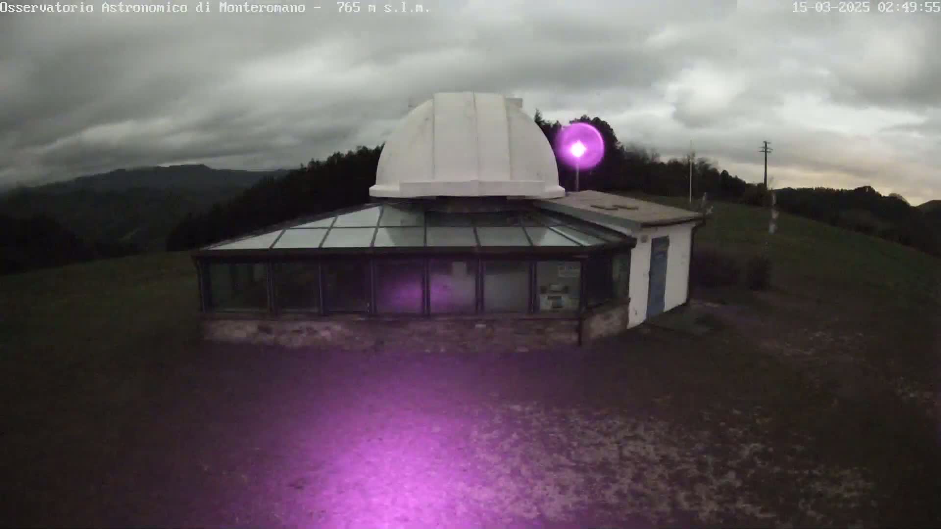 A white observatory dome sits atop a glass-roofed building under an overcast sky.