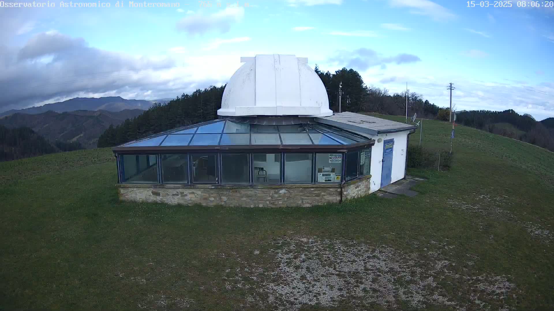 A white-domed observatory building with a glass-roofed addition sits on a grassy hilltop under a partly cloudy sky.