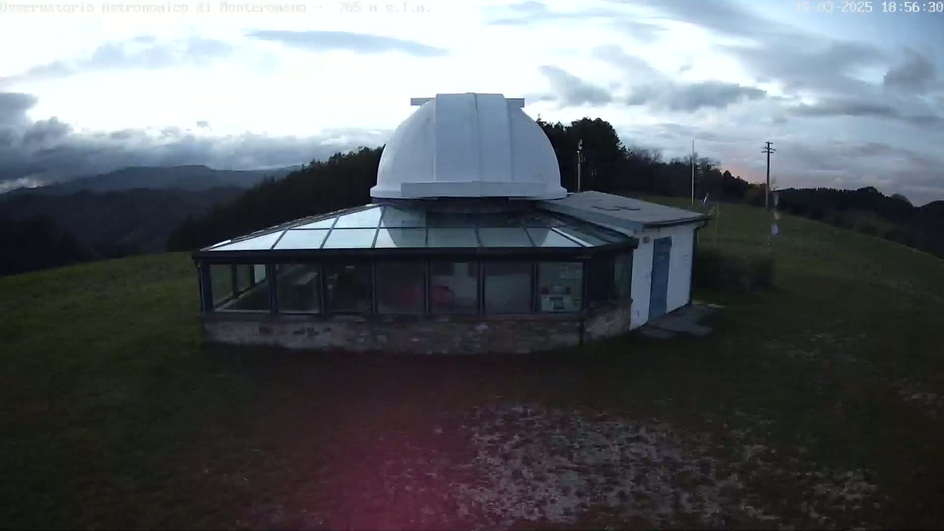 An astronomical observatory with a white dome and a glass-roofed building sits on a grassy hill under a partly cloudy sky.