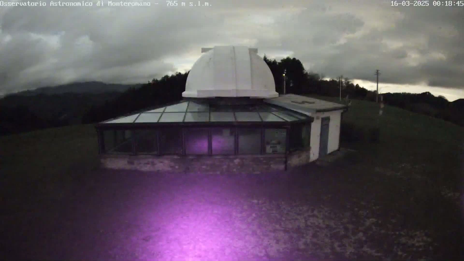 A white domed observatory building with a glass-roofed addition sits on a hill under a cloudy, dark sky.