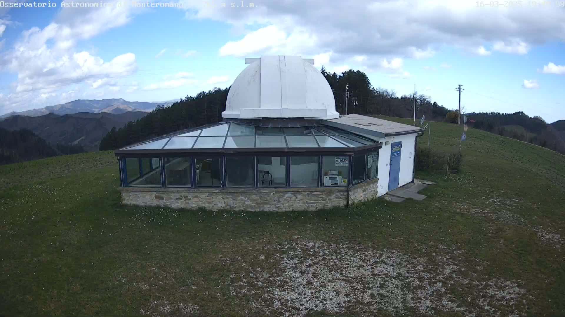 A white dome observatory with a glass-roofed addition sits on a grassy hilltop under a partly cloudy sky.