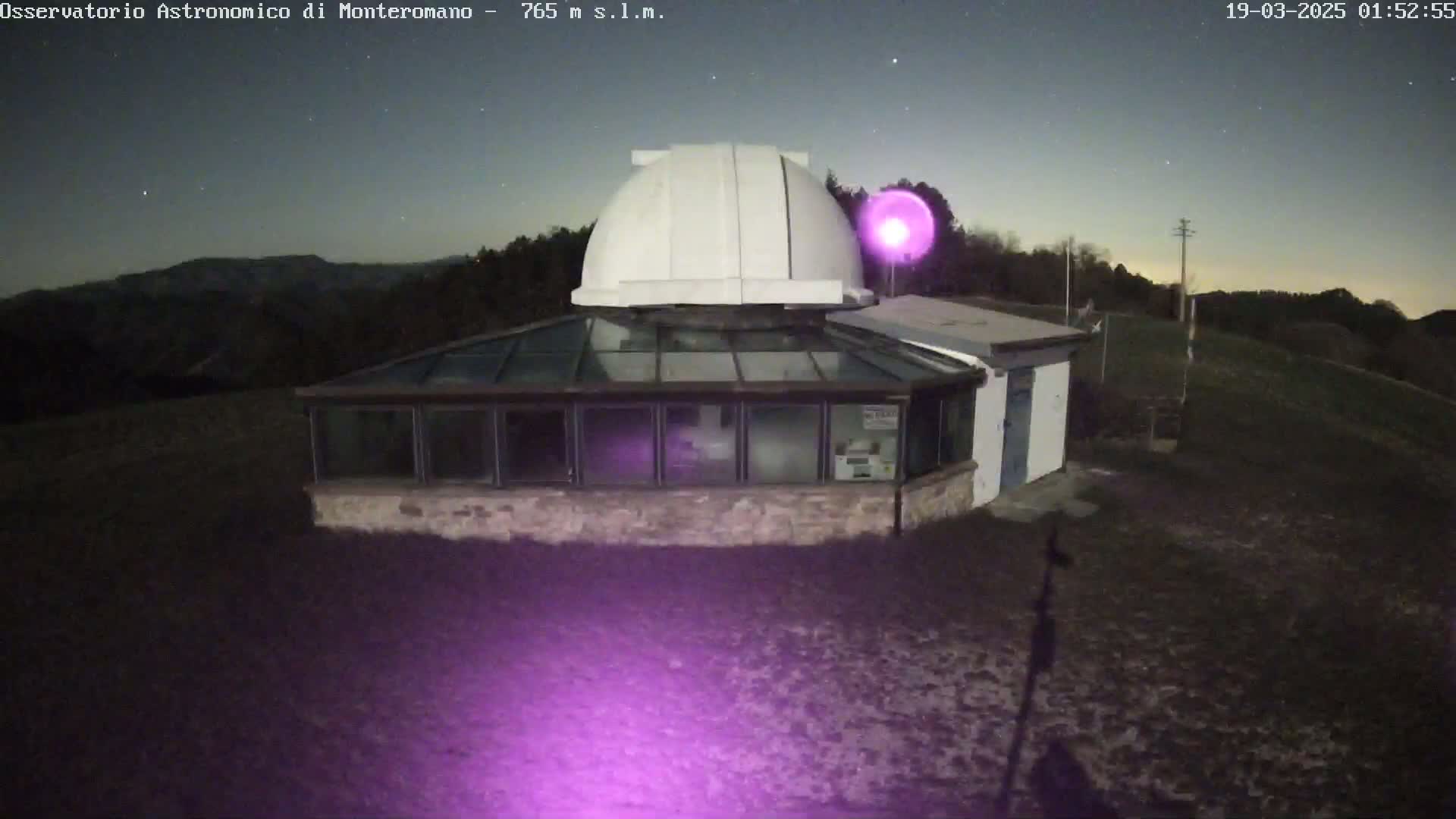 A white dome observatory sits atop a stone building under a clear, dark night sky.