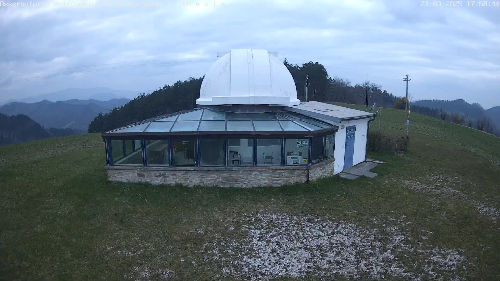 A stone building with a glass roof and a white dome sits on a grassy hilltop overlooking a range of distant mountains under a cloudy sky.