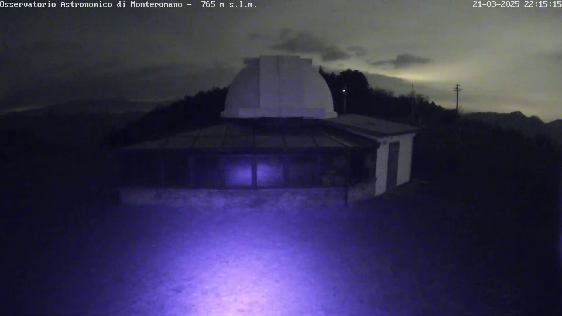 A white observatory building with a dome is illuminated at night under a partly cloudy sky.