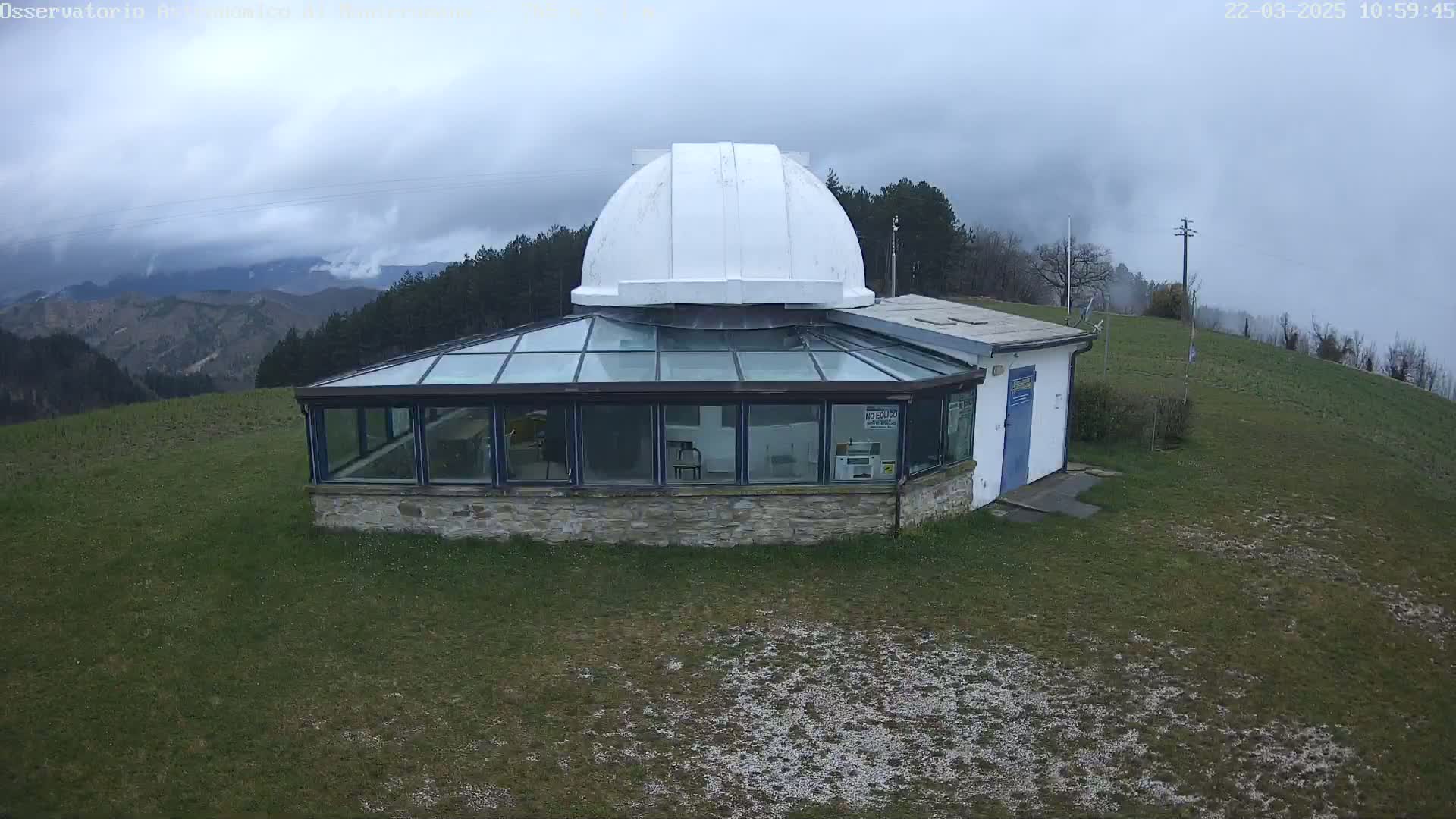 A stone building with a glass sunroom and a white dome sits on a grassy hilltop under an overcast sky, overlooking a mountainous landscape.