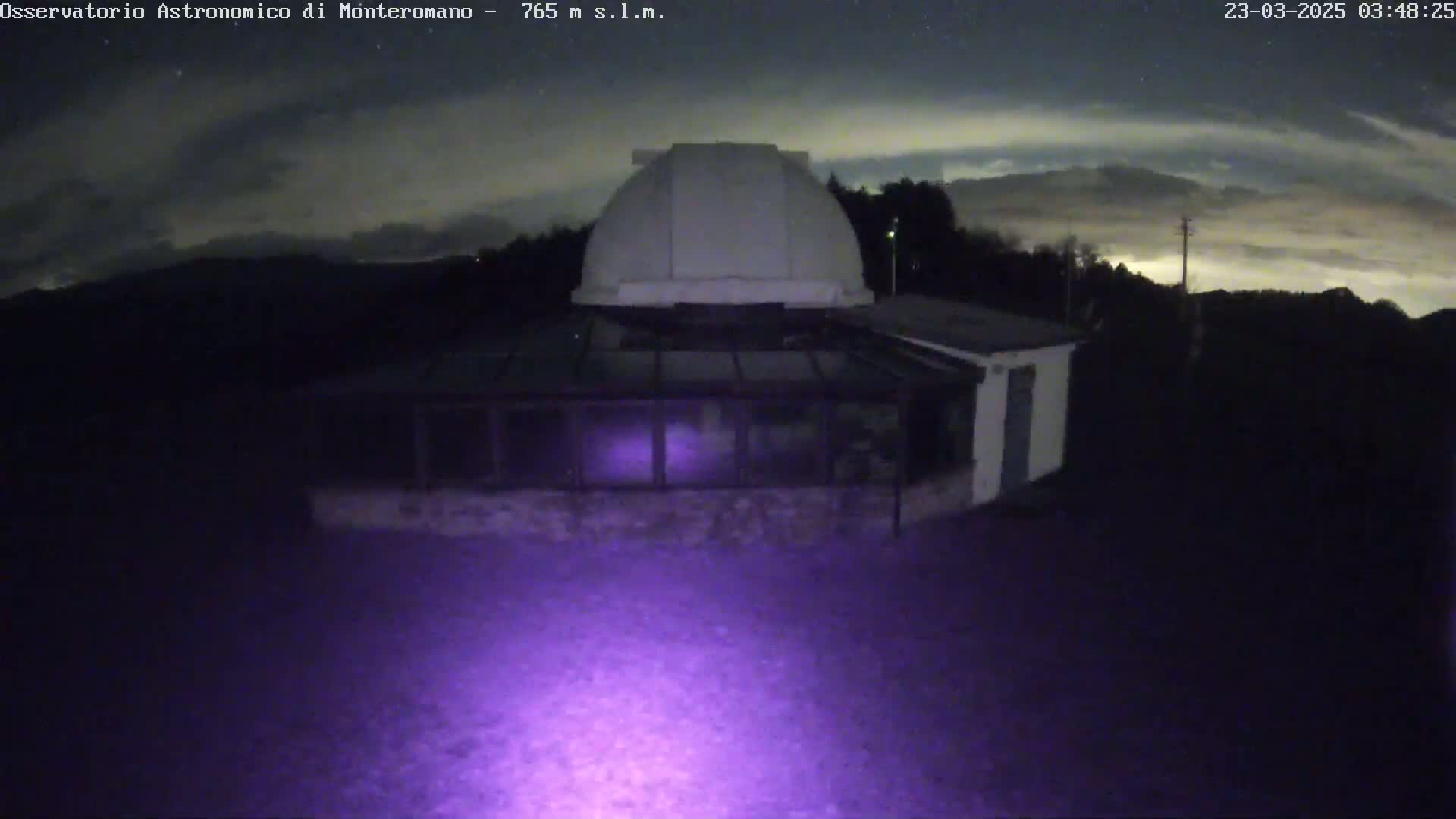 A nighttime view of an observatory building with a dome under a partly cloudy sky.