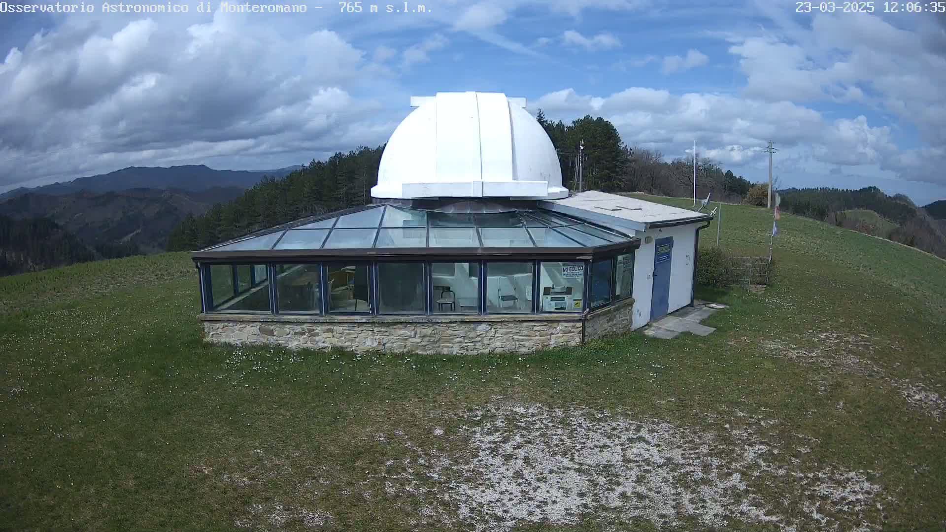 A white dome observatory sits atop a grassy hill under a partly cloudy blue sky.