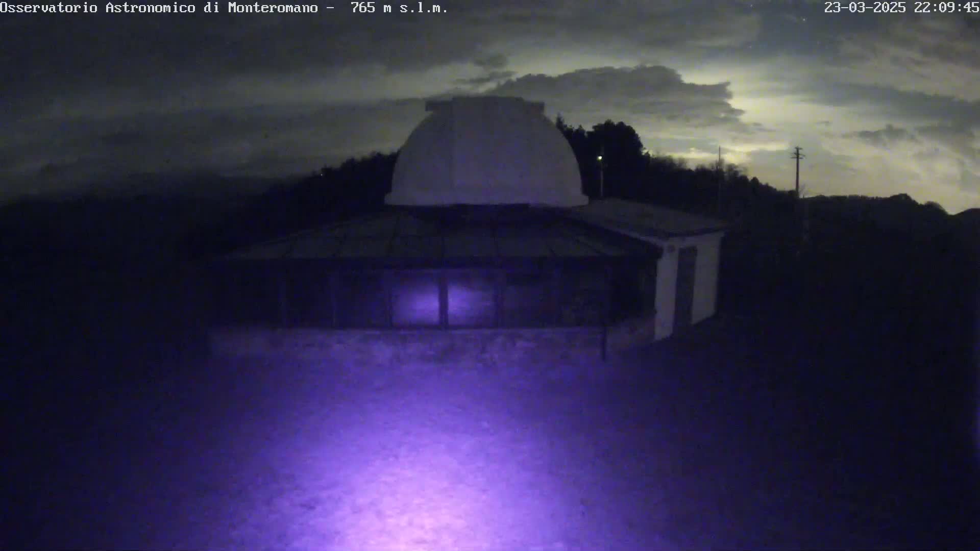 A low-light nighttime image shows a low building with a dome on top under a cloudy sky.