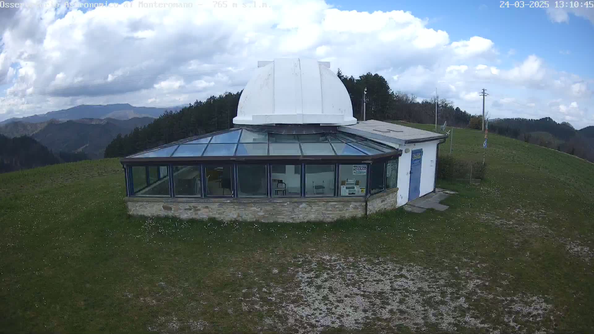 An astronomical observatory with a white dome and glass-walled addition sits on a grassy hill under a partly cloudy sky.