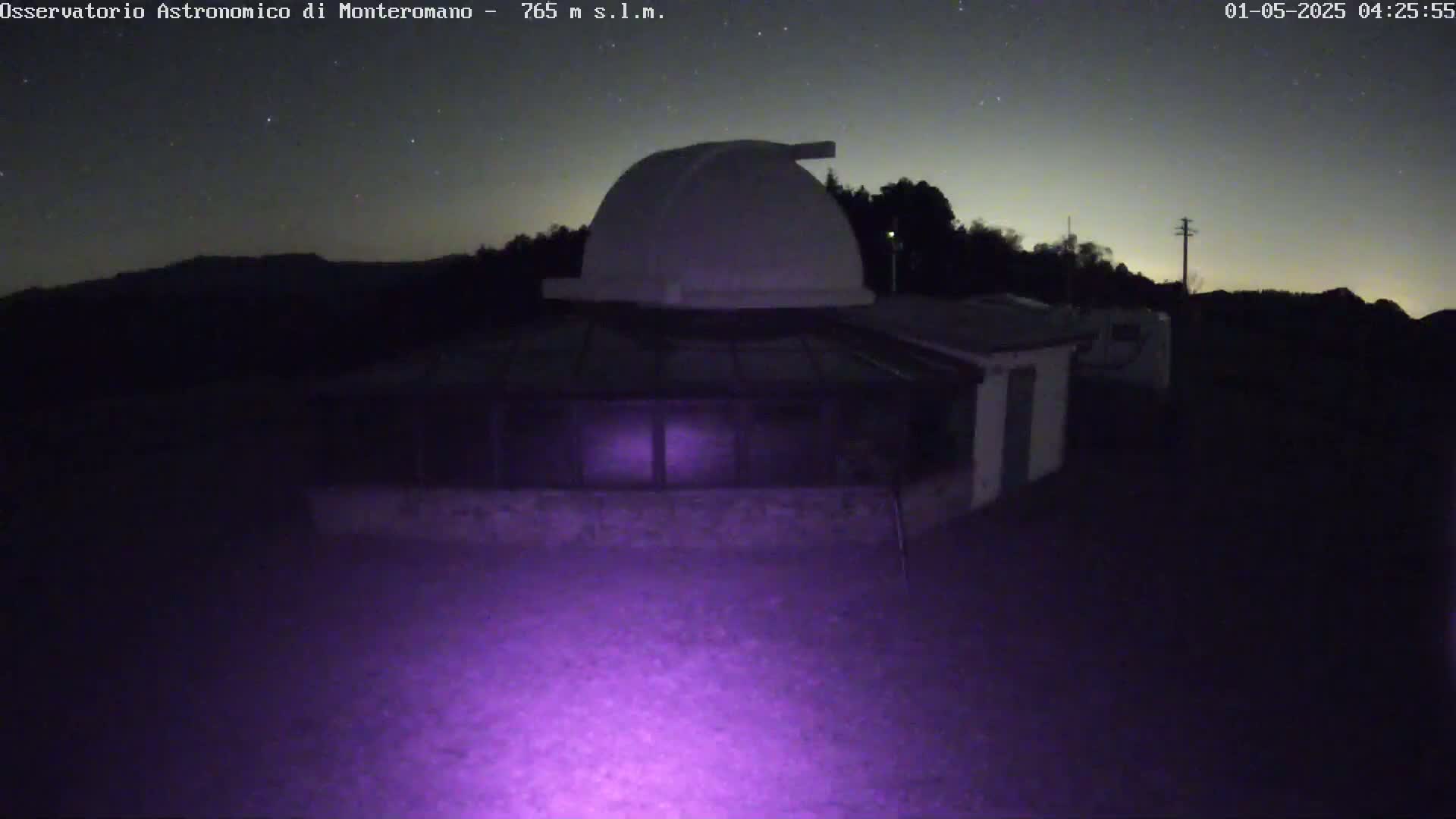 A low-light image shows a building with a dome at night under a starry sky.