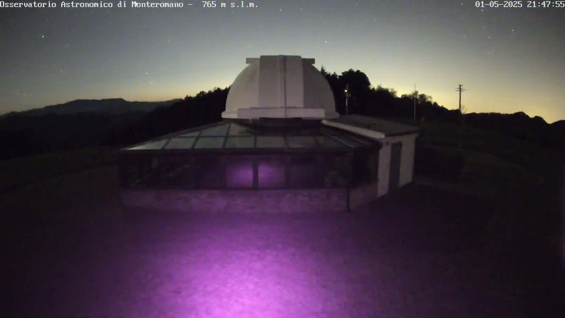 A white observatory dome sits atop a building with a glass-roofed addition, all under a dark, starry night sky.