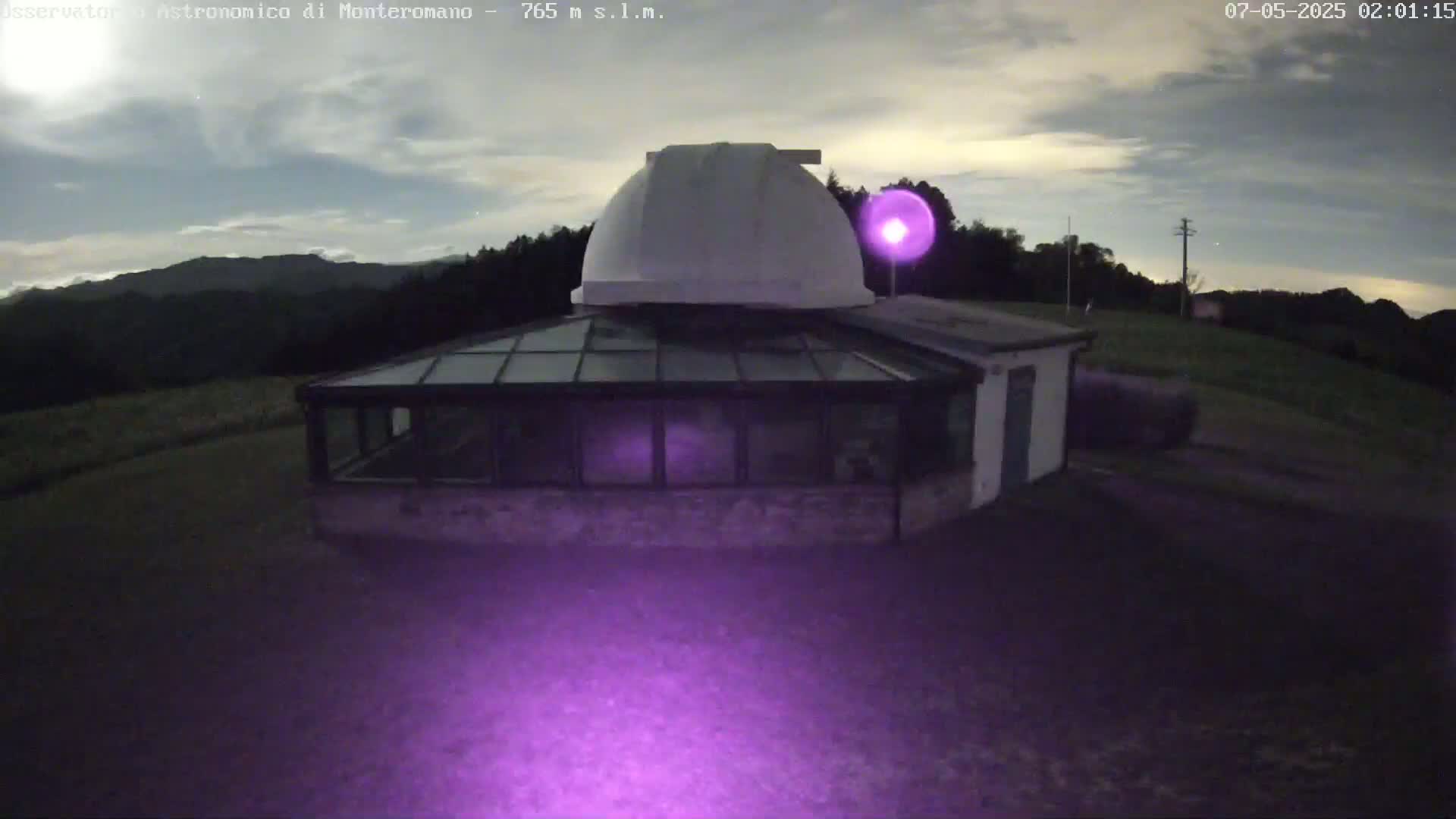 A white dome-shaped observatory building with a glass sunroom sits on a grassy hill under a partly cloudy night sky.
