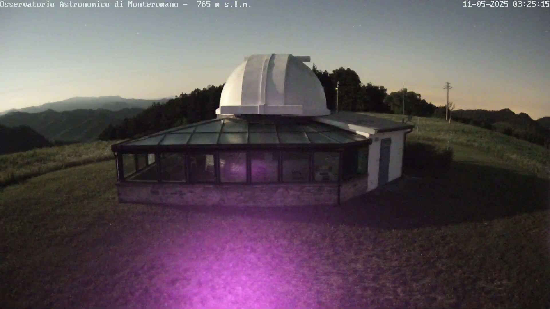 A white dome-shaped observatory building with a glass-roofed addition sits on a grassy hilltop under a twilight sky.