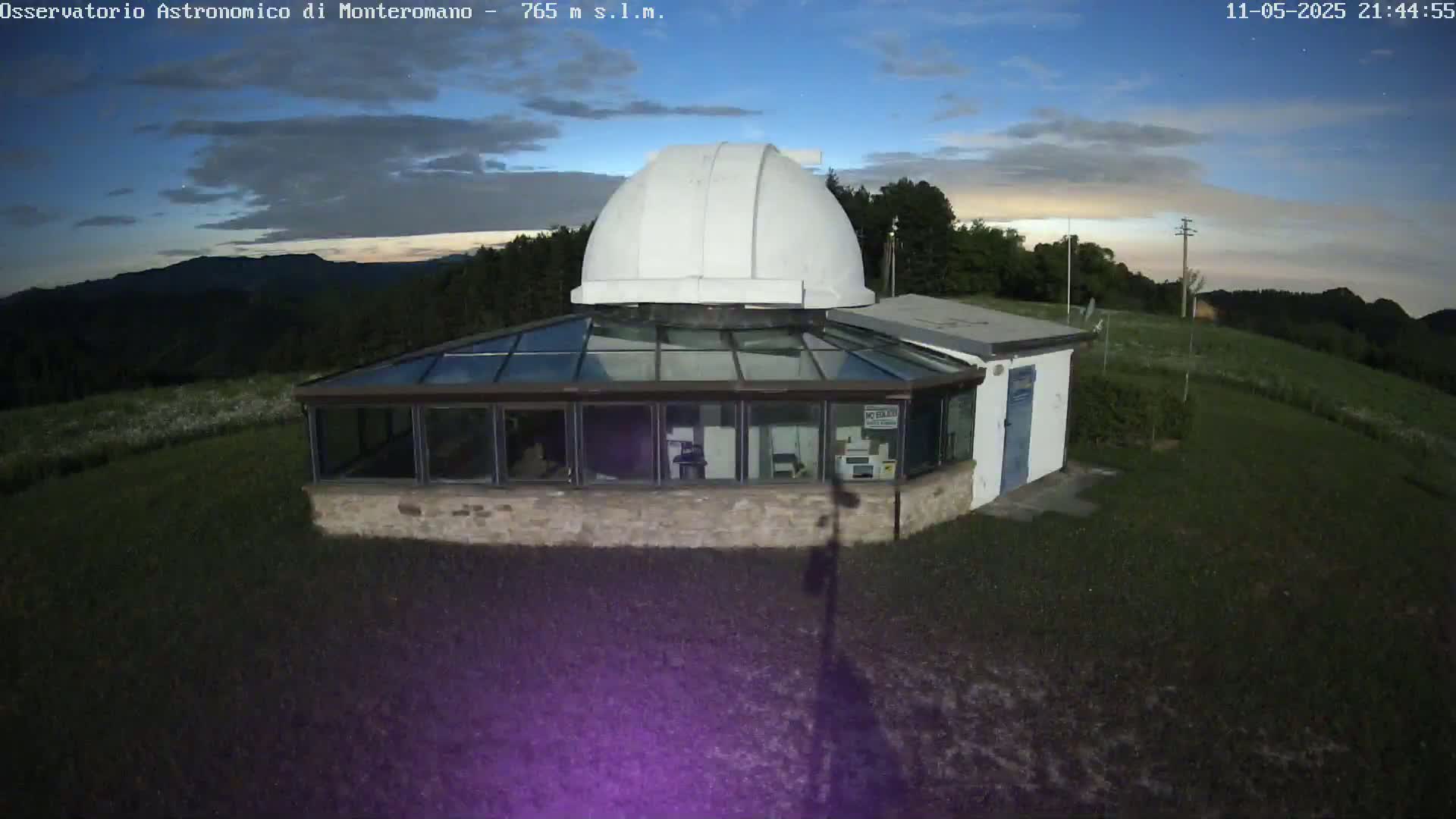 A white dome observatory building with a glass-roofed addition sits on a grassy hill under a twilight sky with some clouds.
