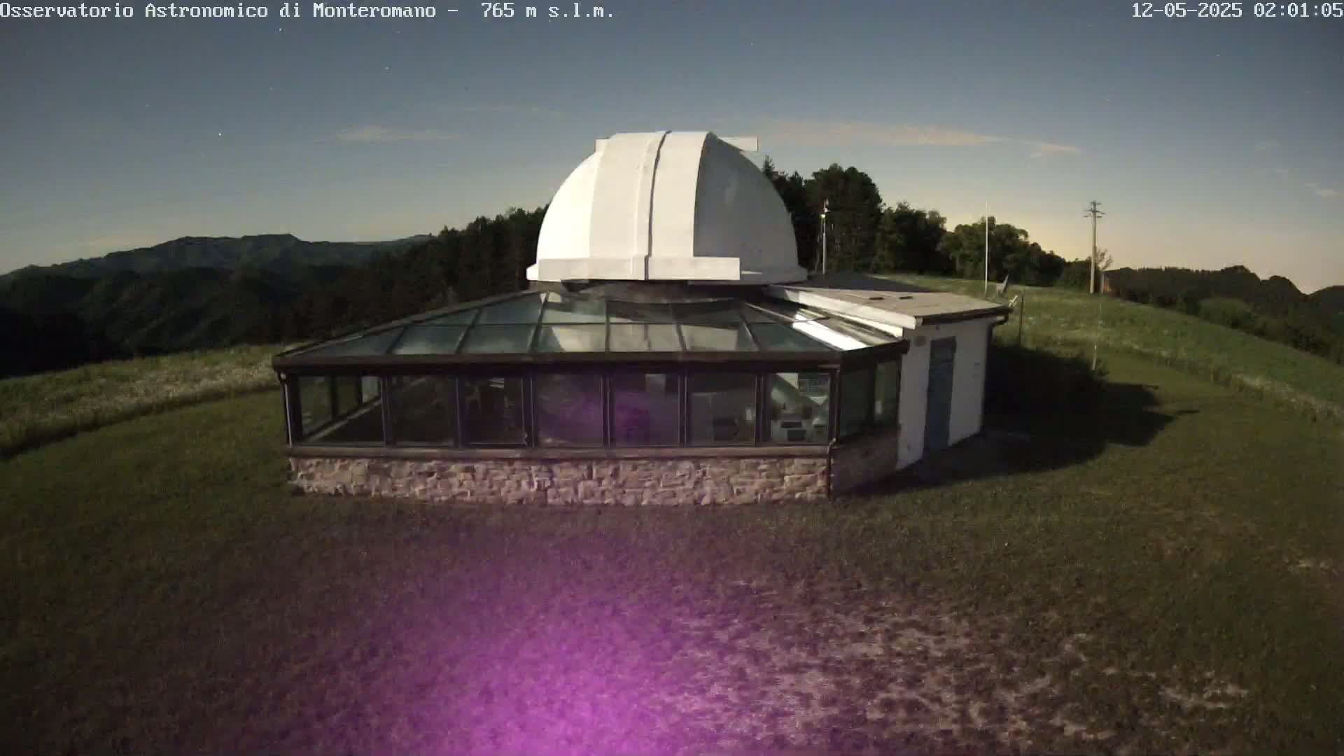 A stone building with a glass conservatory and a white dome sits on a grassy hill under a twilight sky.