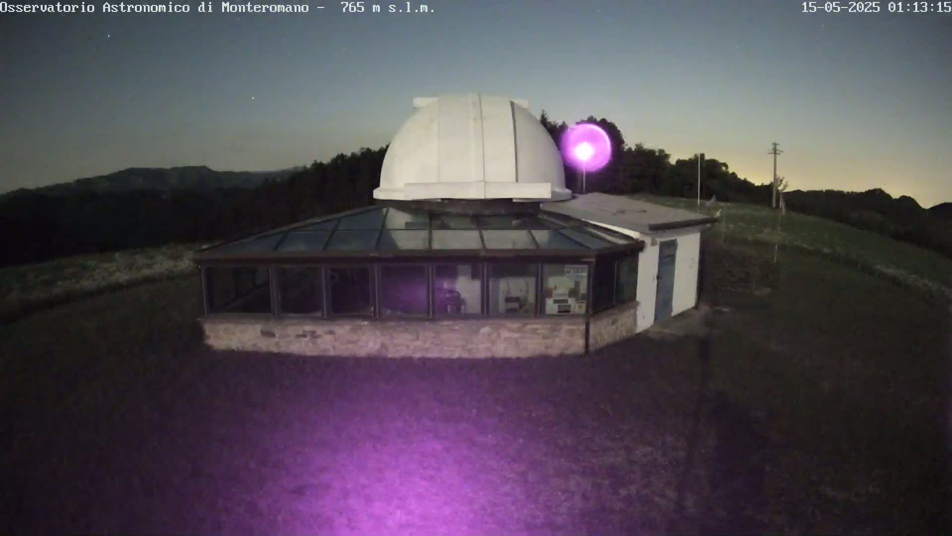 A white dome observatory sits atop a stone building with a glass sunroom under a twilight sky.