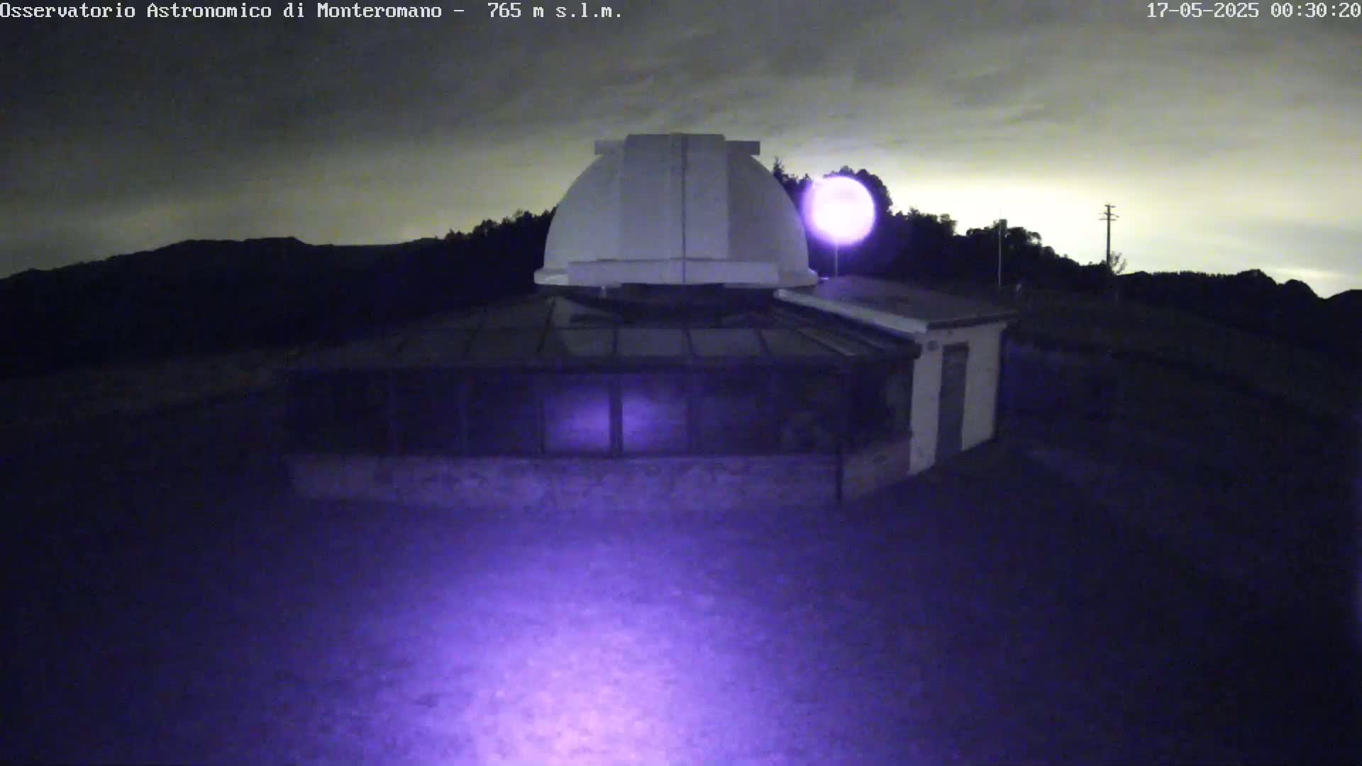 A white observatory dome sits atop a building under a cloudy night sky.