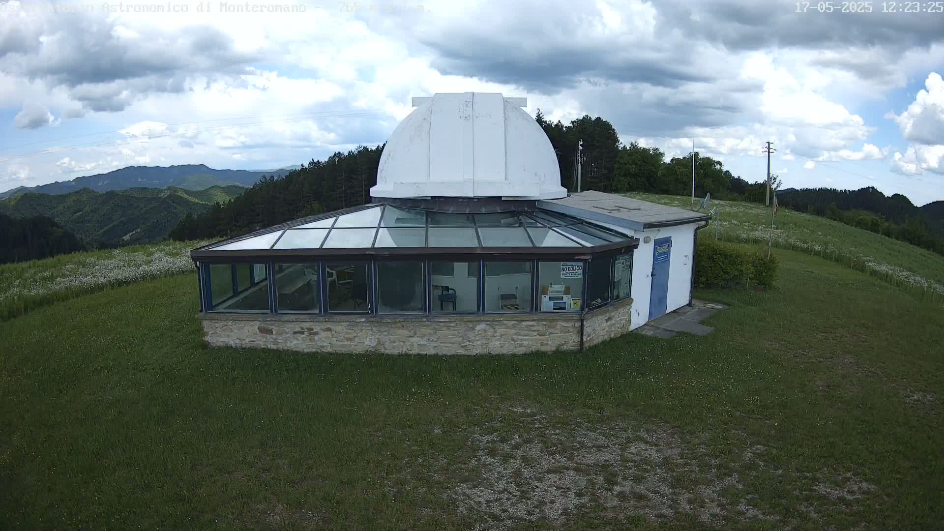 An observatory with a glass-roofed addition sits on a grassy hilltop under a partly cloudy sky.