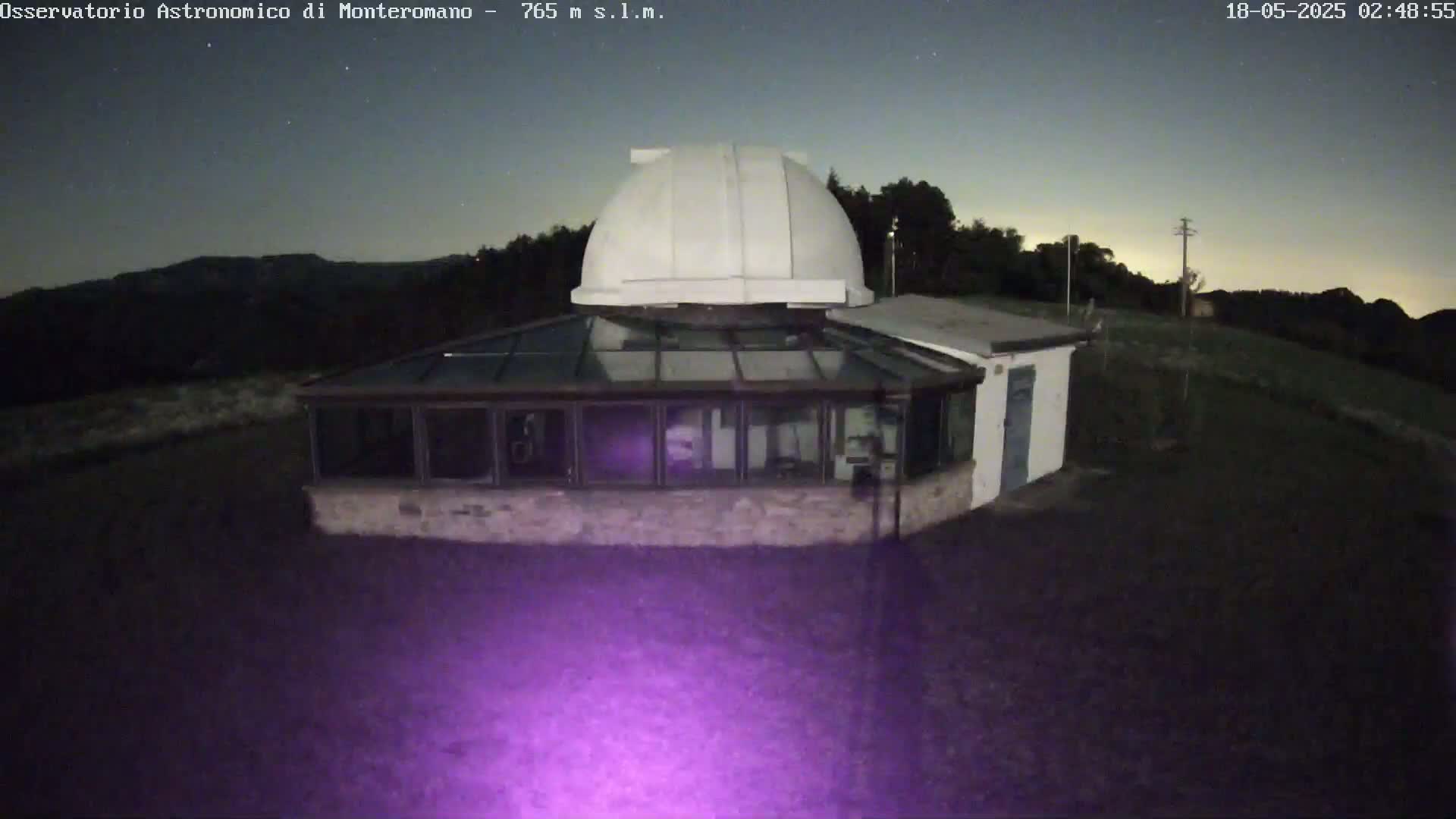 A white dome observatory with an attached glass building sits on a dark, grassy area under a clear, night sky.