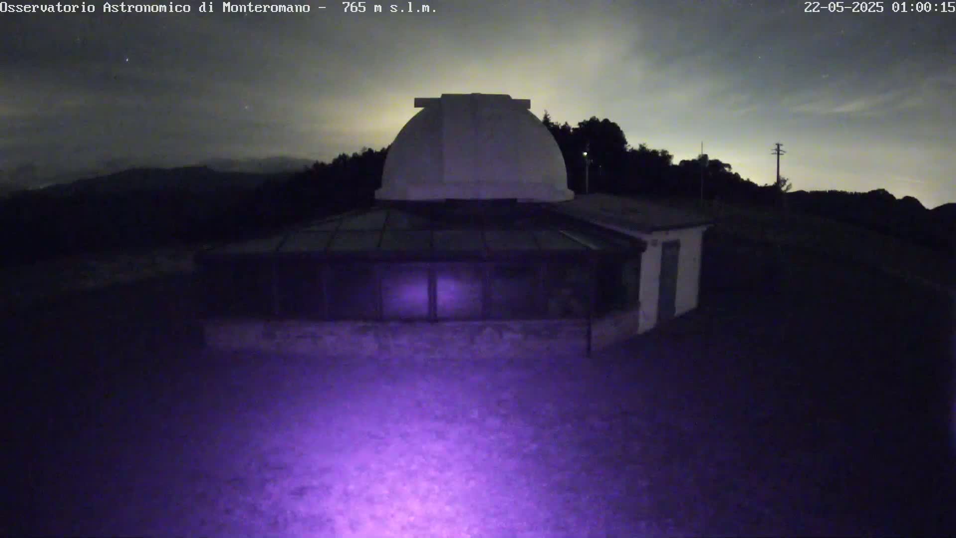 A nighttime view of an observatory with a domed roof and a glass-roofed addition, under a partly cloudy sky.