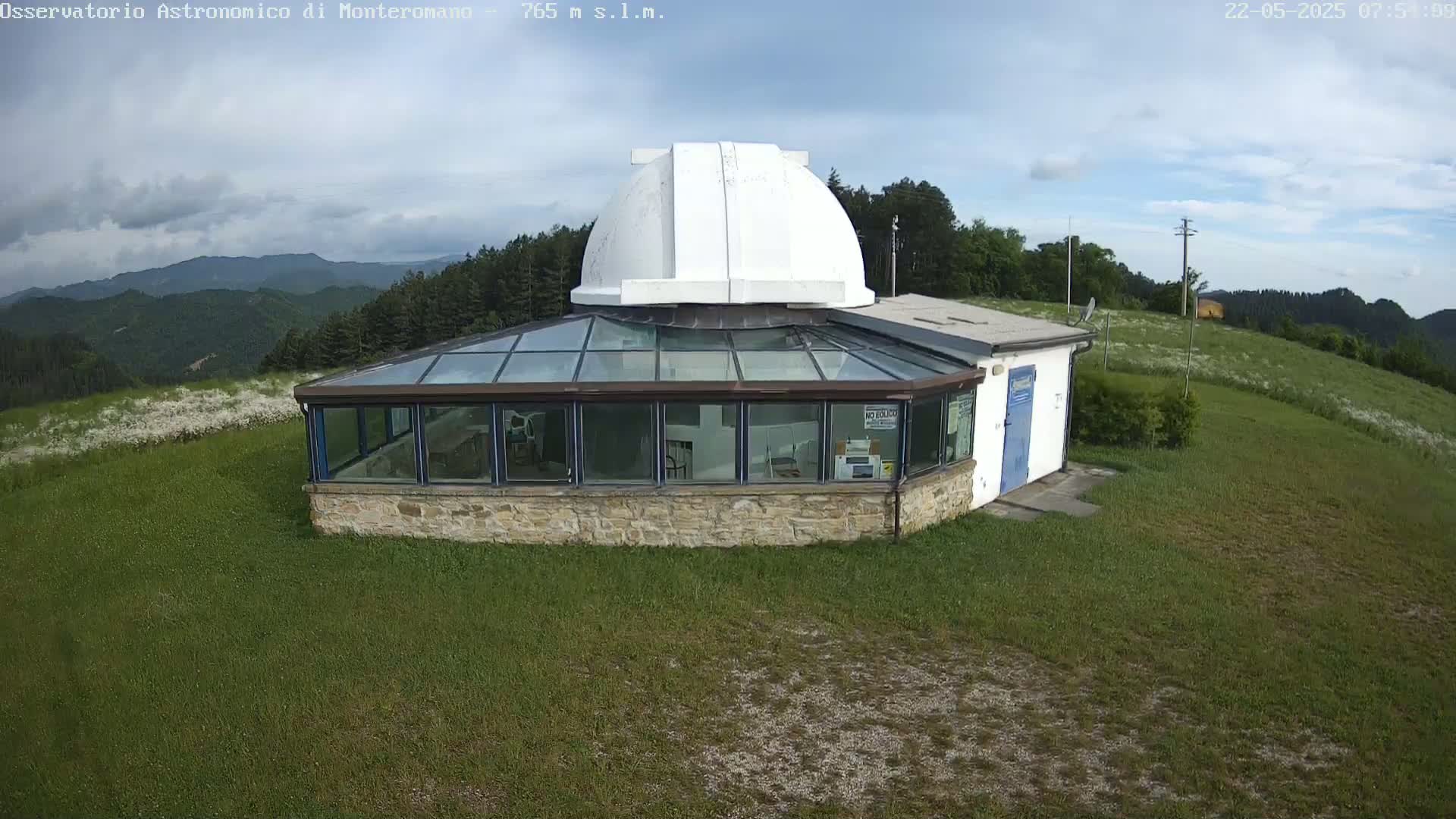 A white-domed observatory building with a glass-enclosed addition sits on a grassy hilltop under a partly cloudy sky, overlooking a mountain range in the distance.