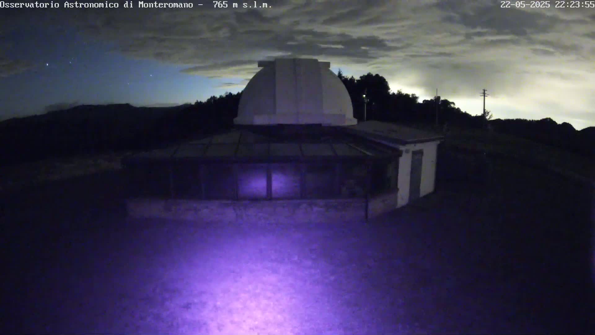 A low-light nighttime image shows an observatory building with a dome under a cloudy sky.