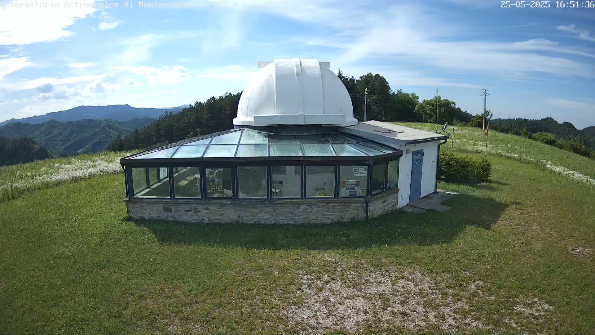 A white domed observatory building with a glass-roofed extension sits on a grassy hill under a mostly sunny sky, overlooking a mountain range in the distance.
